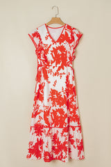 Red Floral Print Trimmed V Neck Ruffle Sleeve Long Dress Dresses JT's Designer Fashion