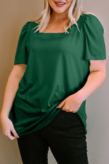 Green Plus Size Square Neck Ruched Shoulder Short Sleeve Top Plus Size Tops & Tees JT's Designer Fashion