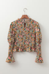 Yellow Floral Print Smocked Bubble Sleeve Ruffled Crop Top Blouses & Shirts JT's Designer Fashion