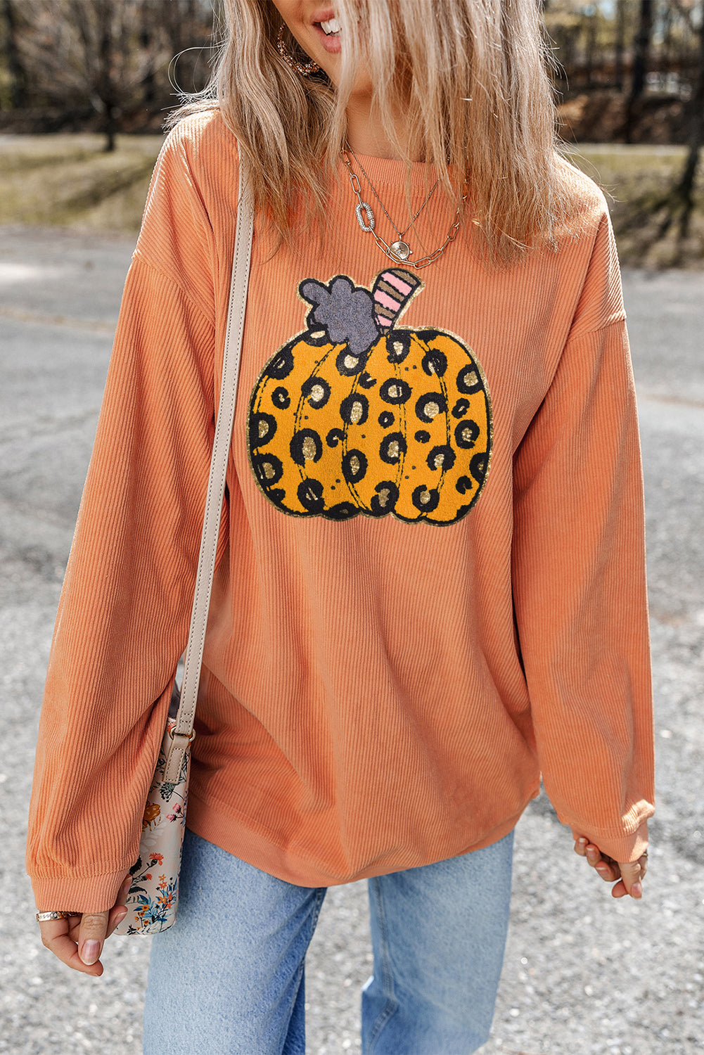 Orange Halloween Leopard Pumpkin Patchwork Ribbed Sweatshirt Graphic Sweatshirts JT's Designer Fashion