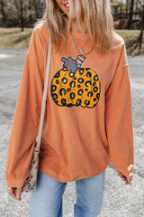 Orange Halloween Leopard Pumpkin Patchwork Ribbed Sweatshirt Graphic Sweatshirts JT's Designer Fashion