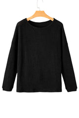 Black Waffle Knit Drop Shoulder Long Sleeve Top Long Sleeve Tops JT's Designer Fashion