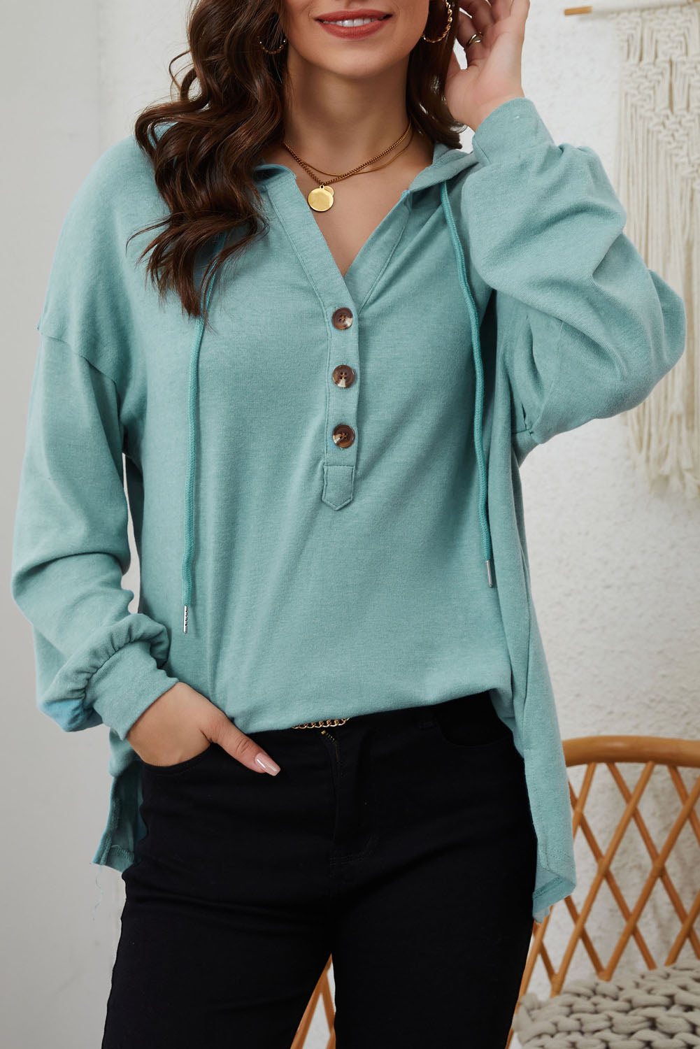 Buttoned High and Low Hem Hoodie Sweatshirts & Hoodies JT's Designer Fashion