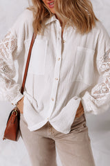 White Cotton Gauze Lace Patchwork Long Sleeve Shirt White 100%Cotton Blouses & Shirts JT's Designer Fashion