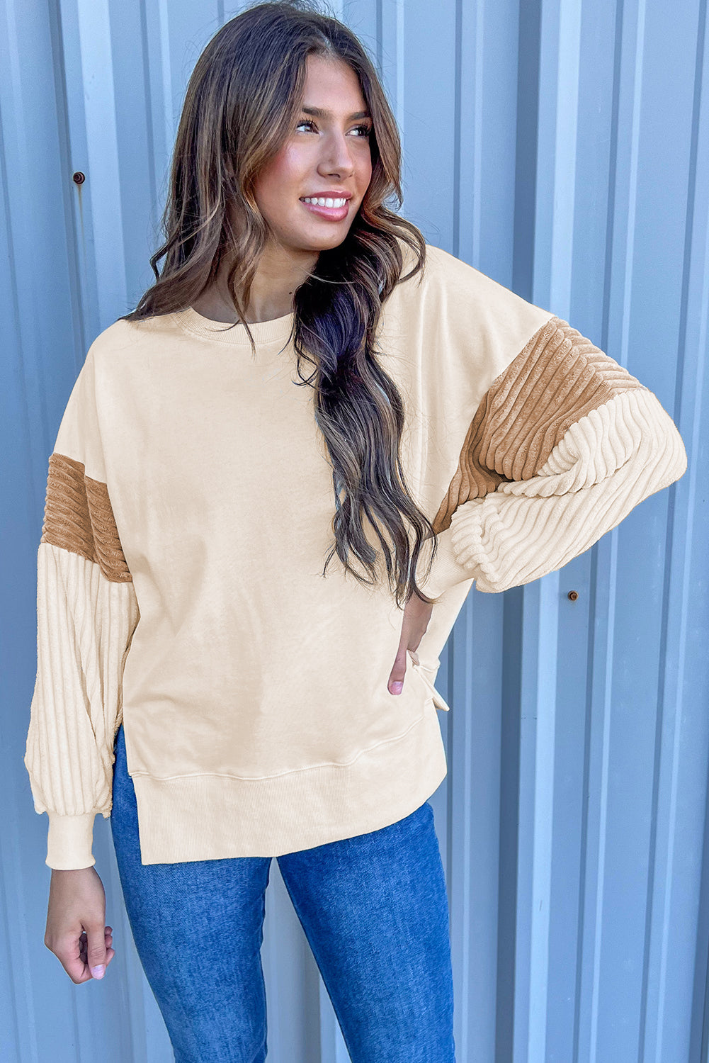 Apricot Corduroy Patchwork Drop Shoulder Long Sleeve Sweatshirt Sweatshirts & Hoodies JT's Designer Fashion