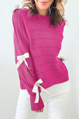 Rose Red Bow Knot Cut Out Round Neck Loose Sweater Sweaters JT's Designer Fashion