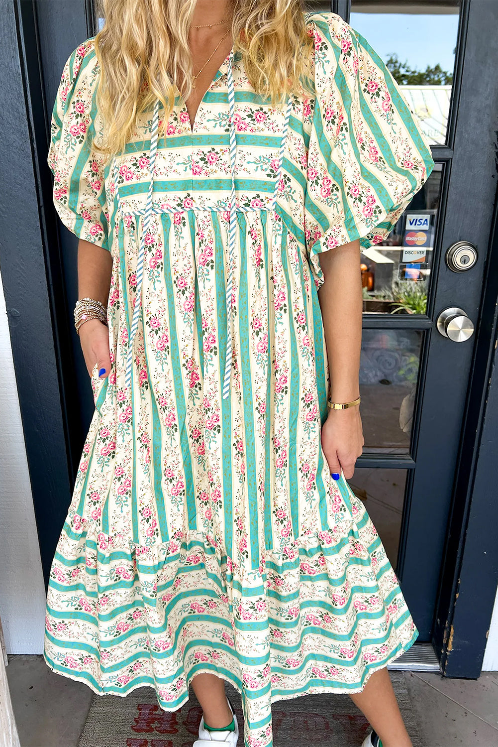 Multicolour Striped Floral Print Tie Split Neck Puff Sleeve Midi Dress Floral Dresses JT's Designer Fashion