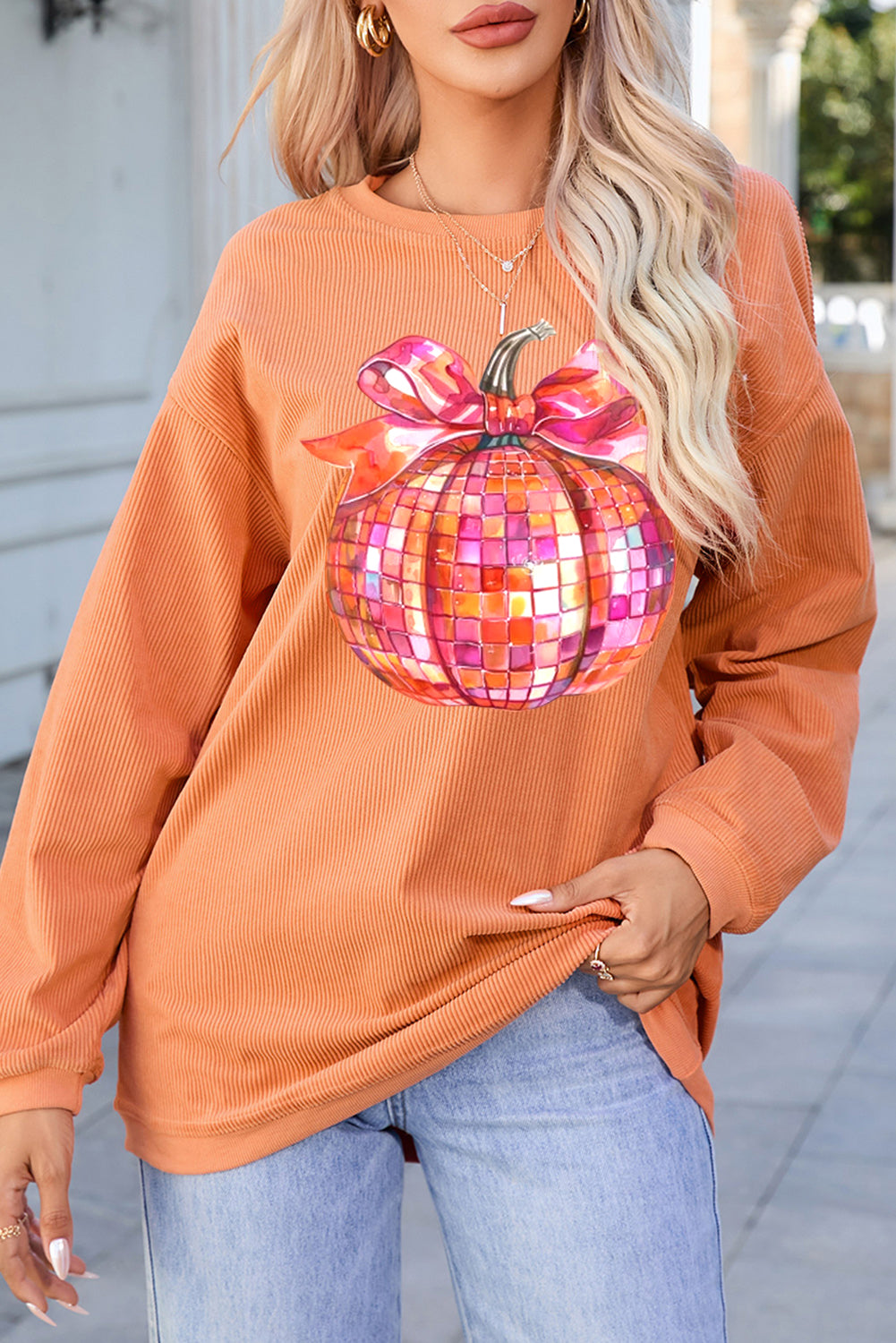 Orange Bow Pumpkin Graphic Crewneck Corded Thanksgiving Sweatshirt Graphic Sweatshirts JT's Designer Fashion