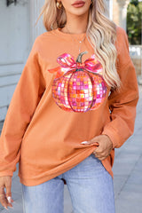 Orange Bow Pumpkin Graphic Crewneck Corded Thanksgiving Sweatshirt Graphic Sweatshirts JT's Designer Fashion