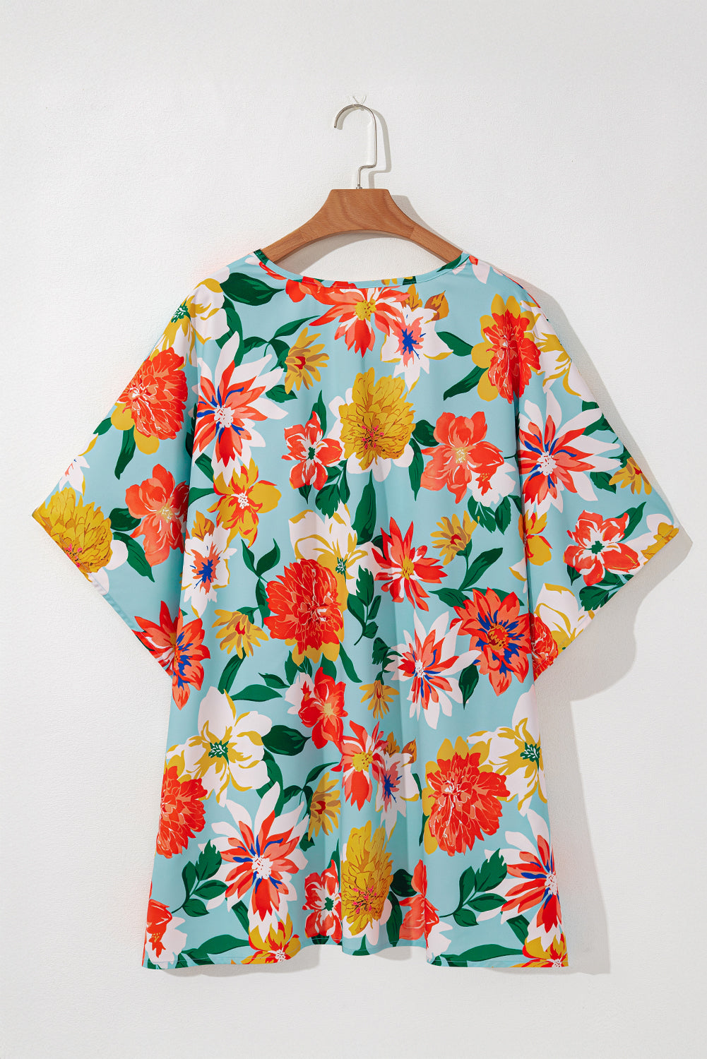 Sky Blue Plus Size Floral Print V Neck Batwing Sleeve Blouse Plus Size Blouses & Shirts JT's Designer Fashion