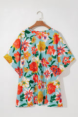 Sky Blue Plus Size Floral Print V Neck Batwing Sleeve Blouse Plus Size Blouses & Shirts JT's Designer Fashion