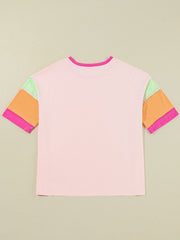 Letter Graphic Color Block Round Neck Half Sleeve T-Shirt Graphic Tees JT's Designer Fashion