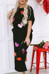 Black Sequin Heart Popping Graphic Textured 2pcs Outfit Graphic Sets JT's Designer Fashion