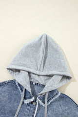 Beau Blue Plaid Print Patchwork Hooded Raw Hem Denim Jacket Denim Jackets JT's Designer Fashion