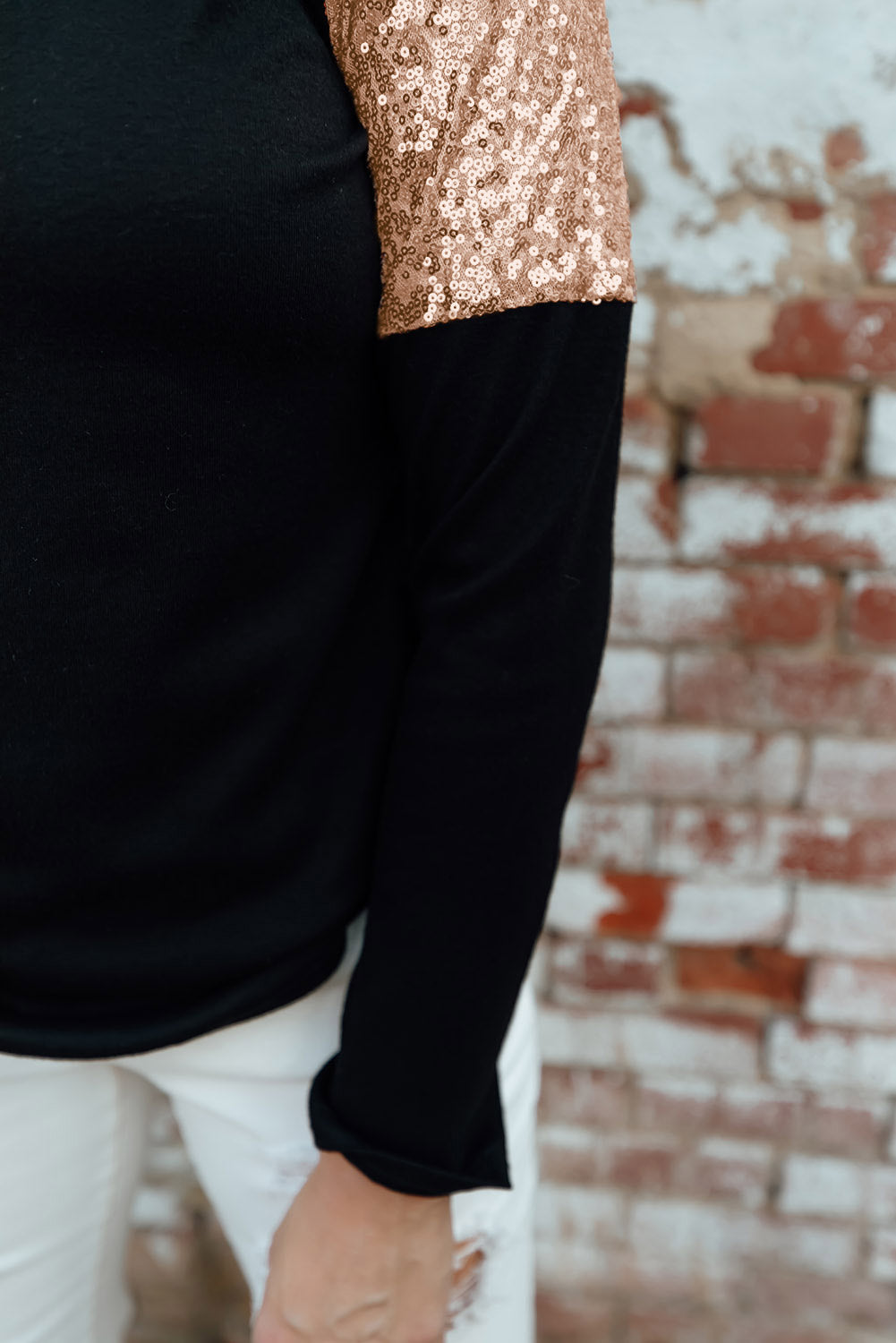 Black Sequin Shoulder Long Sleeve Top Long Sleeve Tops JT's Designer Fashion