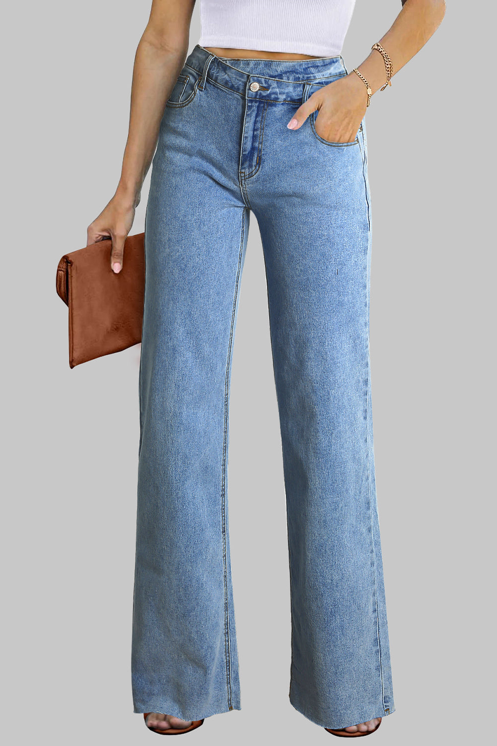 Blue Mid Rise Asymmetrical Waist Wide Leg Jeans Blue 72%Cotton+26%Polyester+2%Elastane Jeans JT's Designer Fashion