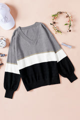 Gray Colorblock V Neck Sweater Sweaters & Cardigans JT's Designer Fashion
