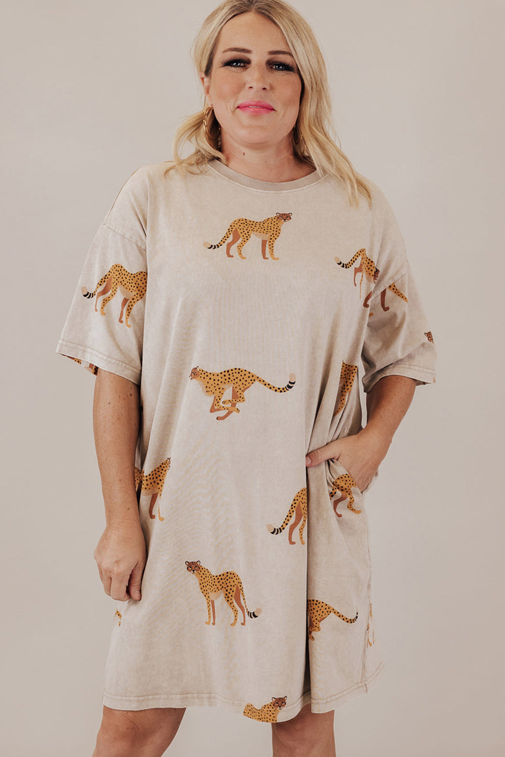 Apricot Plus Size Cheetah Print Side Pockets T Shirt Mini Dress Plus Size Mini Dresses JT's Designer Fashion