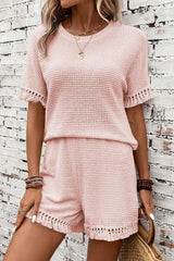 Pink Fringe Trim Textured Short Two Piece Set Pink 67%Polyester+30%Viscose+3%Elastane Short Sets JT's Designer Fashion