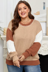 Light French Beige Contrast Stitch Detail Color Block Knitted Plus Size Sweater Plus Size Sweaters & Cardigans JT's Designer Fashion