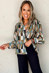 Green Geometric Print Buttoned Balloon Sleeve Loose Fit Shirt Blouses & Shirts JT's Designer Fashion