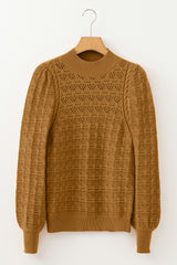 Jurassic Gold Hollow Out Crochet Ribbed Edge Balloon Sleeve Sweater Sweaters JT's Designer Fashion