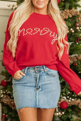 Fiery Red Pearl Beaded Merry Casual Sweater Sweaters JT's Designer Fashion