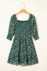 Green Smocked Square Neck Puff Short Sleeve Floral Dress Floral Dresses JT's Designer Fashion