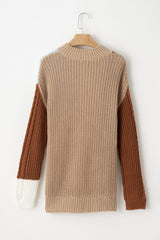 Khaki Mix Textured Knit Colorblock Patchwork Sweater Sweaters JT's Designer Fashion