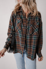 Brown Plaid Print Chest Pockets Buttoned Shirt Jacket Plaid Shackets JT's Designer Fashion