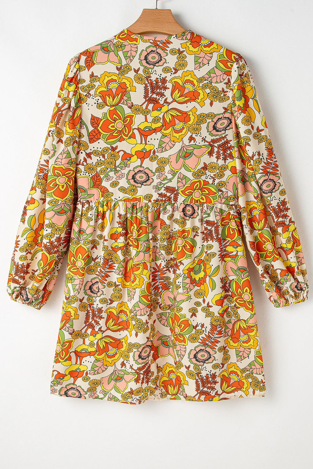 Yellow Cream Floral Print V Neck Puff Sleeve Mini Dress Floral Dresses JT's Designer Fashion