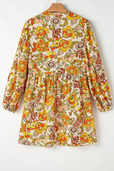 Yellow Cream Floral Print V Neck Puff Sleeve Mini Dress Floral Dresses JT's Designer Fashion