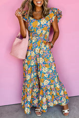 Yellow Floral Allover Print Shirred Cut Out High Waist Jumpsuit Jumpsuits & Rompers JT's Designer Fashion