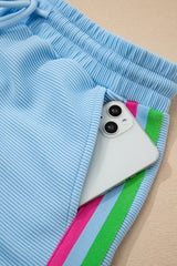 Beau Blue Striped Detail Flutter Sleeve Zipped Collar Short Set Short Sets JT's Designer Fashion