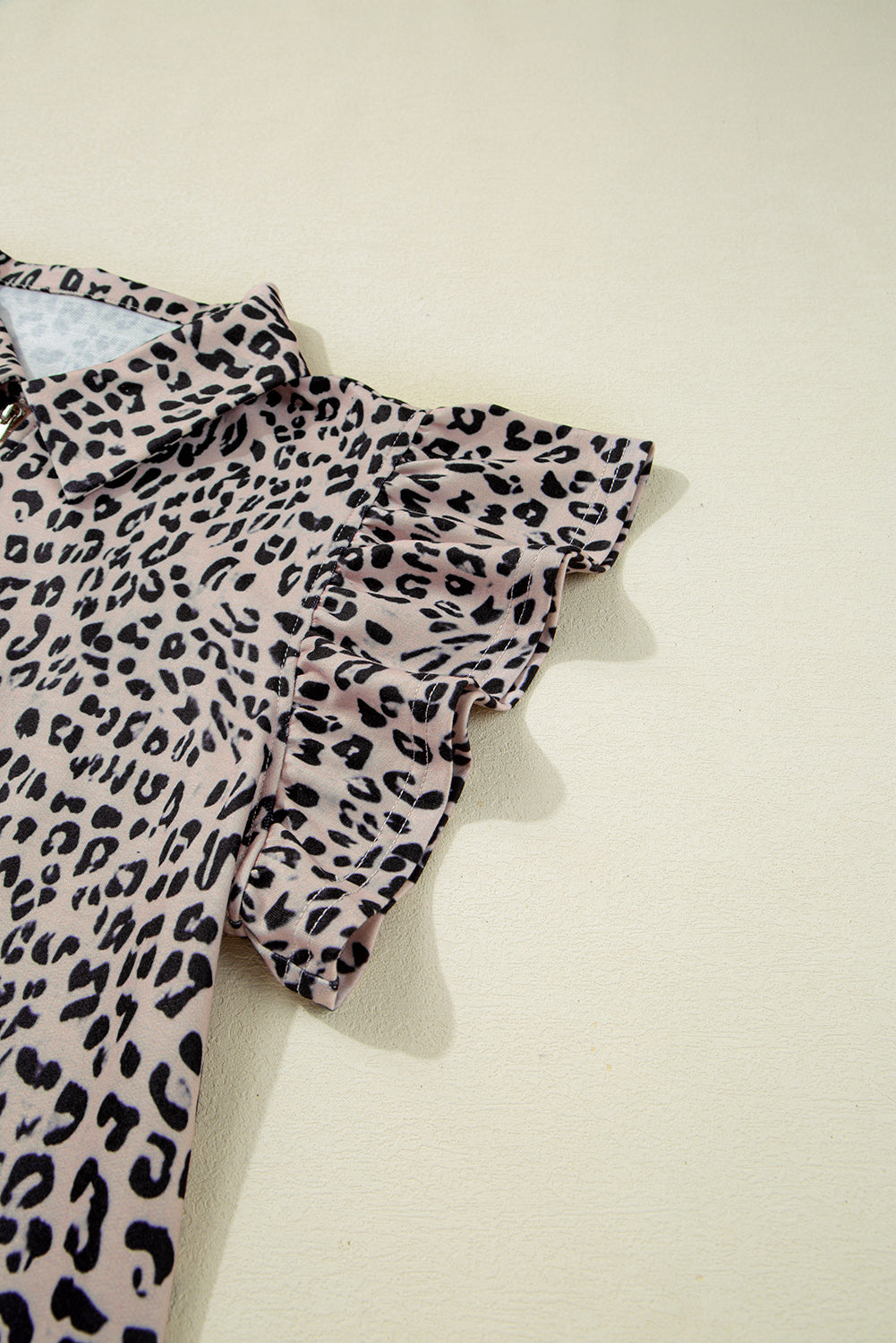 Brown Leopard Half Zipper Collared Ruffled Sleeve Top and Short Set Short Sets JT's Designer Fashion