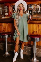 Mist Green Ruffle Sleeve V Neck Frilled Shift Dress Dresses JT's Designer Fashion