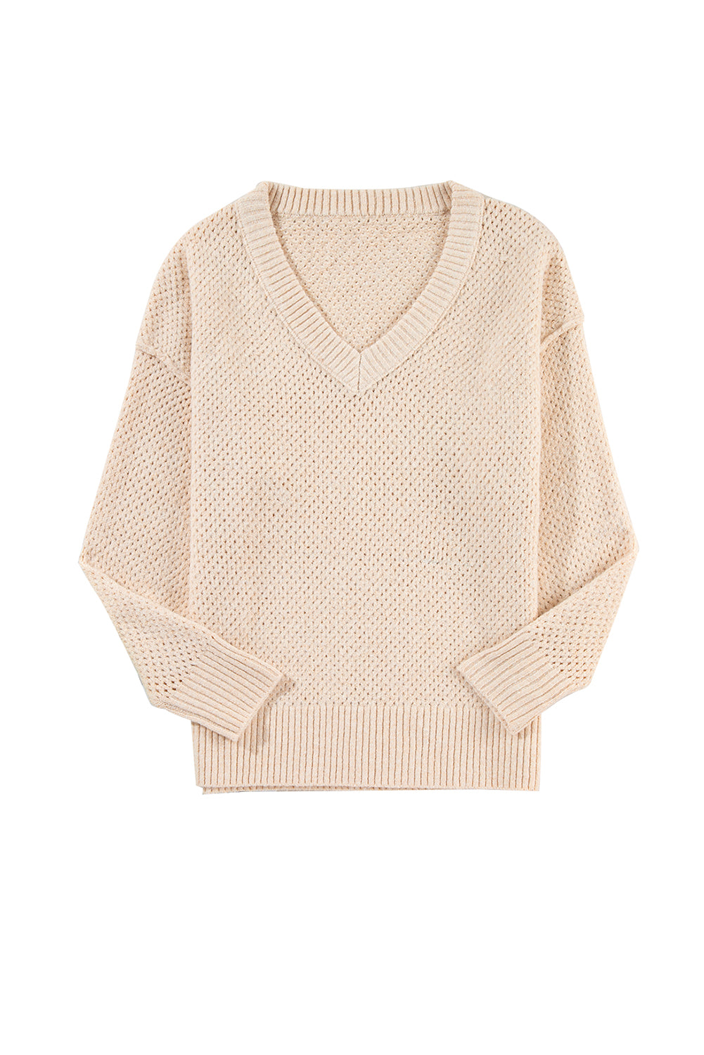 Parchment Loose Eyelet V Neck Drop Shoulder Sweater Sweaters JT's Designer Fashion