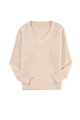 Parchment Loose Eyelet V Neck Drop Shoulder Sweater Sweaters JT's Designer Fashion