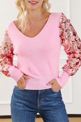 Pink Contrast Sequin Sleeve V Neck Ribbed Knit Sweater Sweaters & Cardigans JT's Designer Fashion