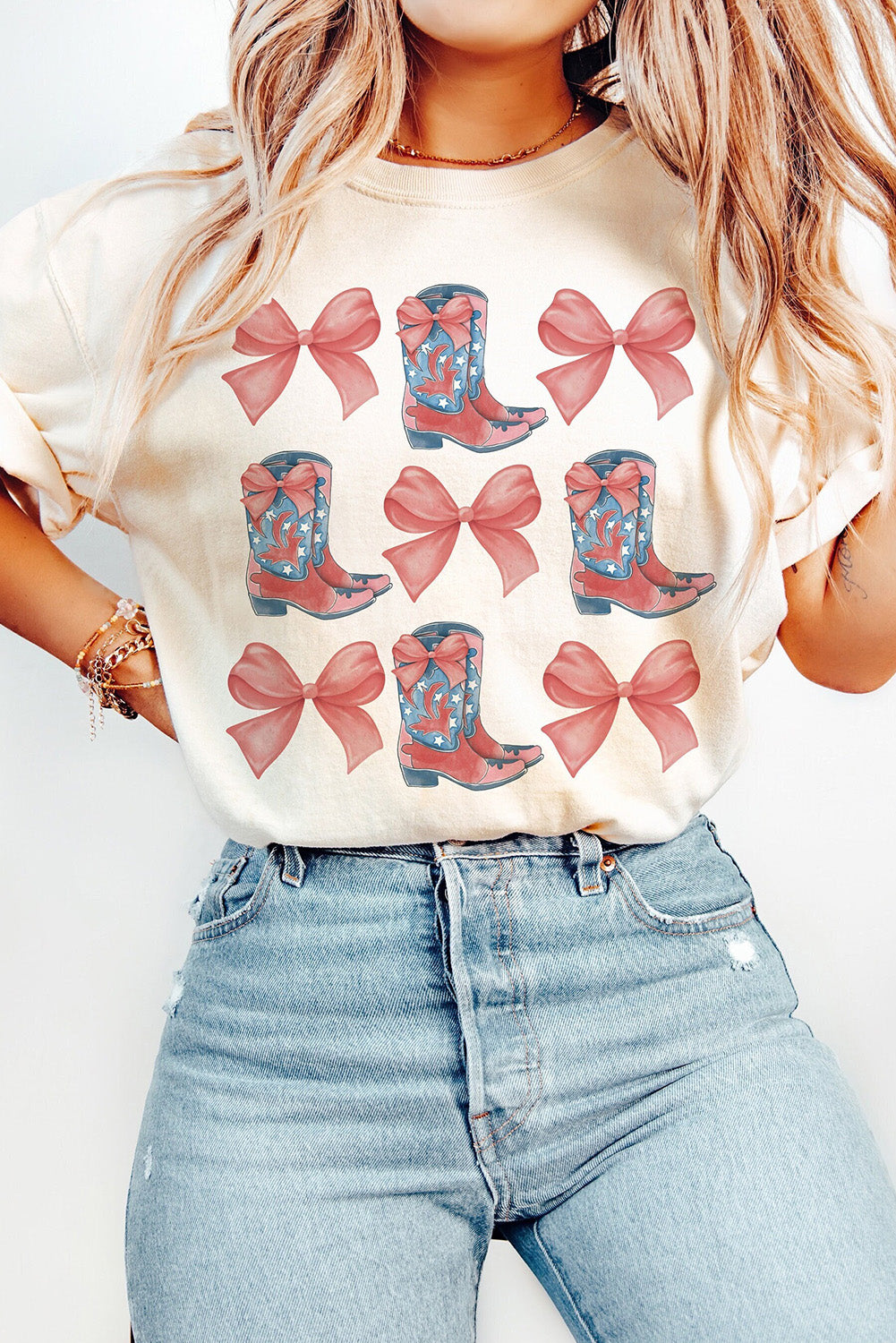 White Bowknot & Cowgirl Boots Graphic Tee Graphic Tees JT's Designer Fashion