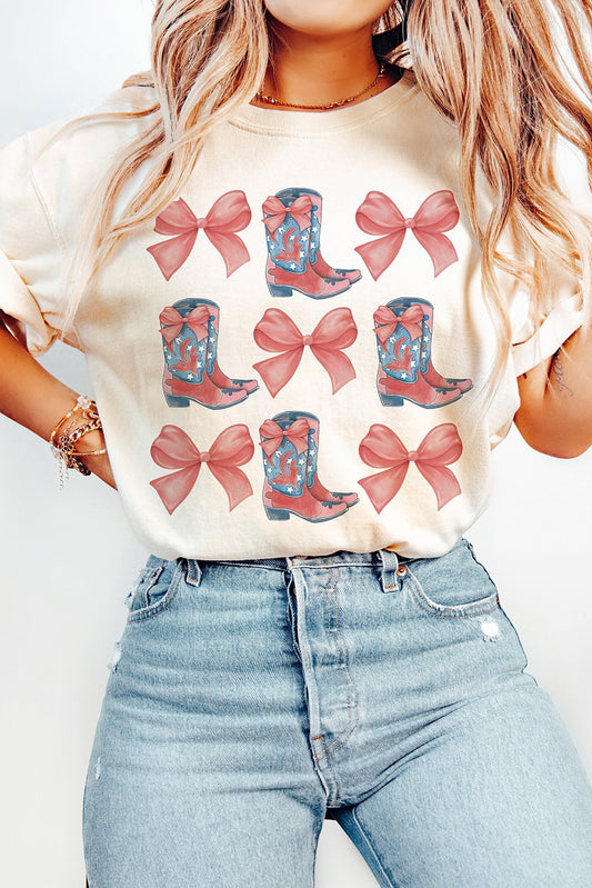 White Bowknot & Cowgirl Boots Graphic Tee Graphic Tees JT's Designer Fashion
