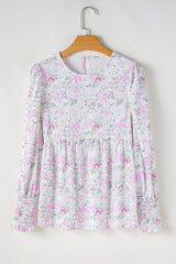 Pink Floral Print Shirred Balloon Sleeve Keyhole Back Babydoll Blouse Blouses & Shirts JT's Designer Fashion