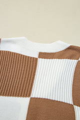 Khaki Checkered Pattern Ribbed Detail Button V Neck Sweater Cardigan Cardigans JT's Designer Fashion