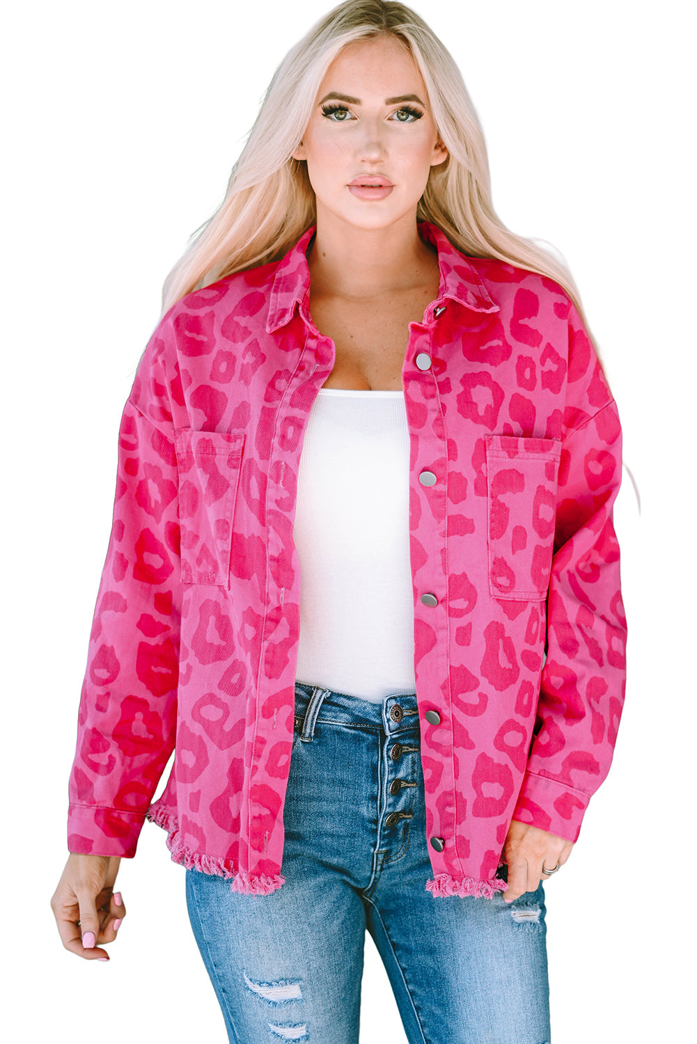 Pink Leopard Print Button Cuffs Raw Hem Jacket Denim Jackets JT's Designer Fashion