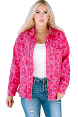 Pink Leopard Print Button Cuffs Raw Hem Jacket Denim Jackets JT's Designer Fashion