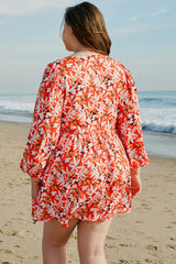 Orange Floral Print Split V Neck Bubble Sleeve Plus Size Midi Dress Plus Size Midi Dresses JT's Designer Fashion