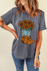 Gray Sunflower Cowgirl Boots Print Western Fashion T Shirt Graphic Tees JT's Designer Fashion