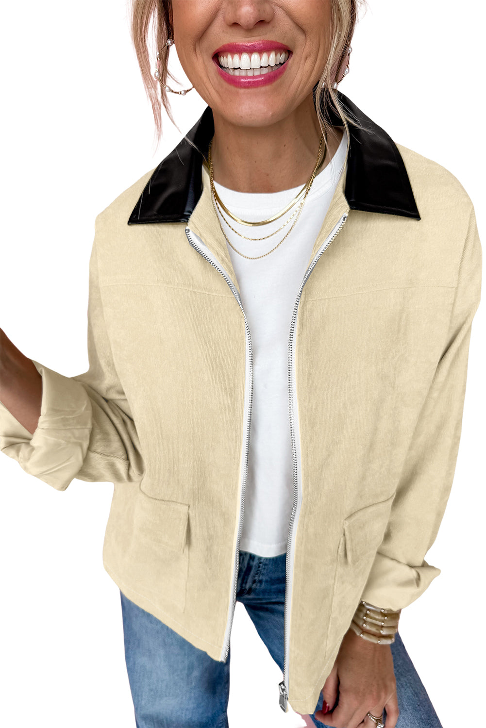 Parchment Contrast Leather Collar Textured Zip Up Jacket Jackets JT's Designer Fashion