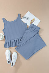 Beau Blue Solid Color Ribbed Ruffle Tank Top and Pants Set Pant Sets JT's Designer Fashion