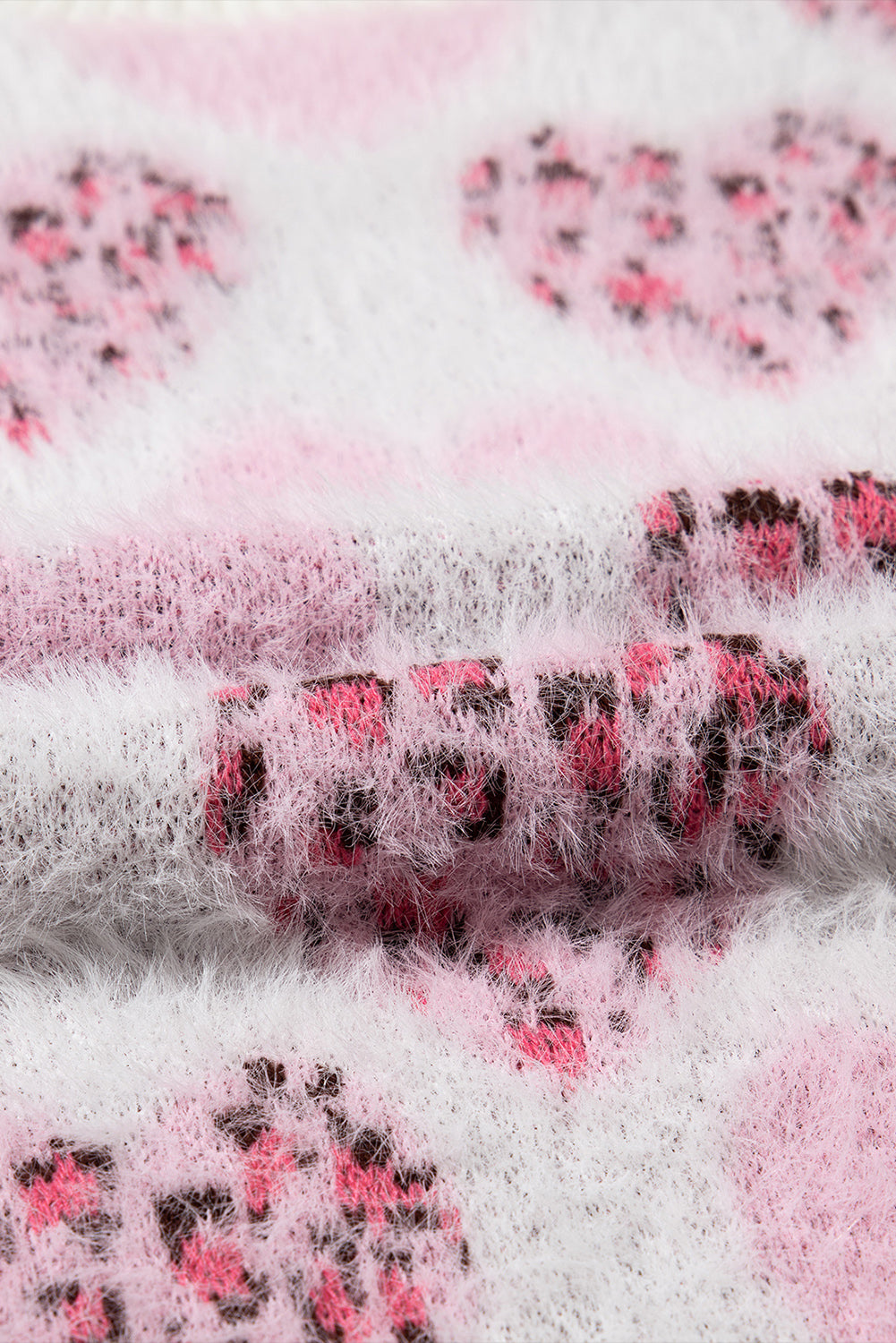 Pink Heart Leopard Print Pearled Ribbed Trim Fuzzy Sweater Sweaters JT's Designer Fashion